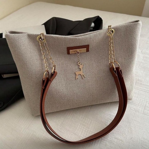 ⚠️Clearance Chain Shoulder Tote Bag Elegant Cream with Tan Strap Gold Accents - Picture 7 of 7